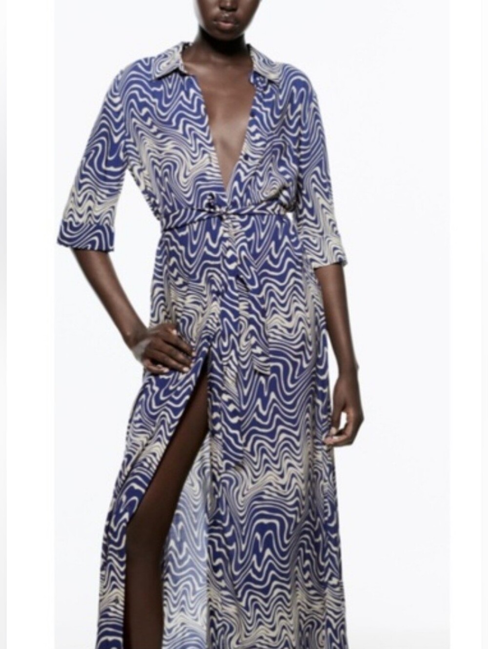 Zara Blue and Cream Swirl Shirt Dress